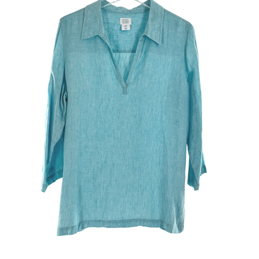 Sigrid Olsen Womens Aqua Blue 100% Linen V-Neck Tunic Top Medium 3/4 Sleeve